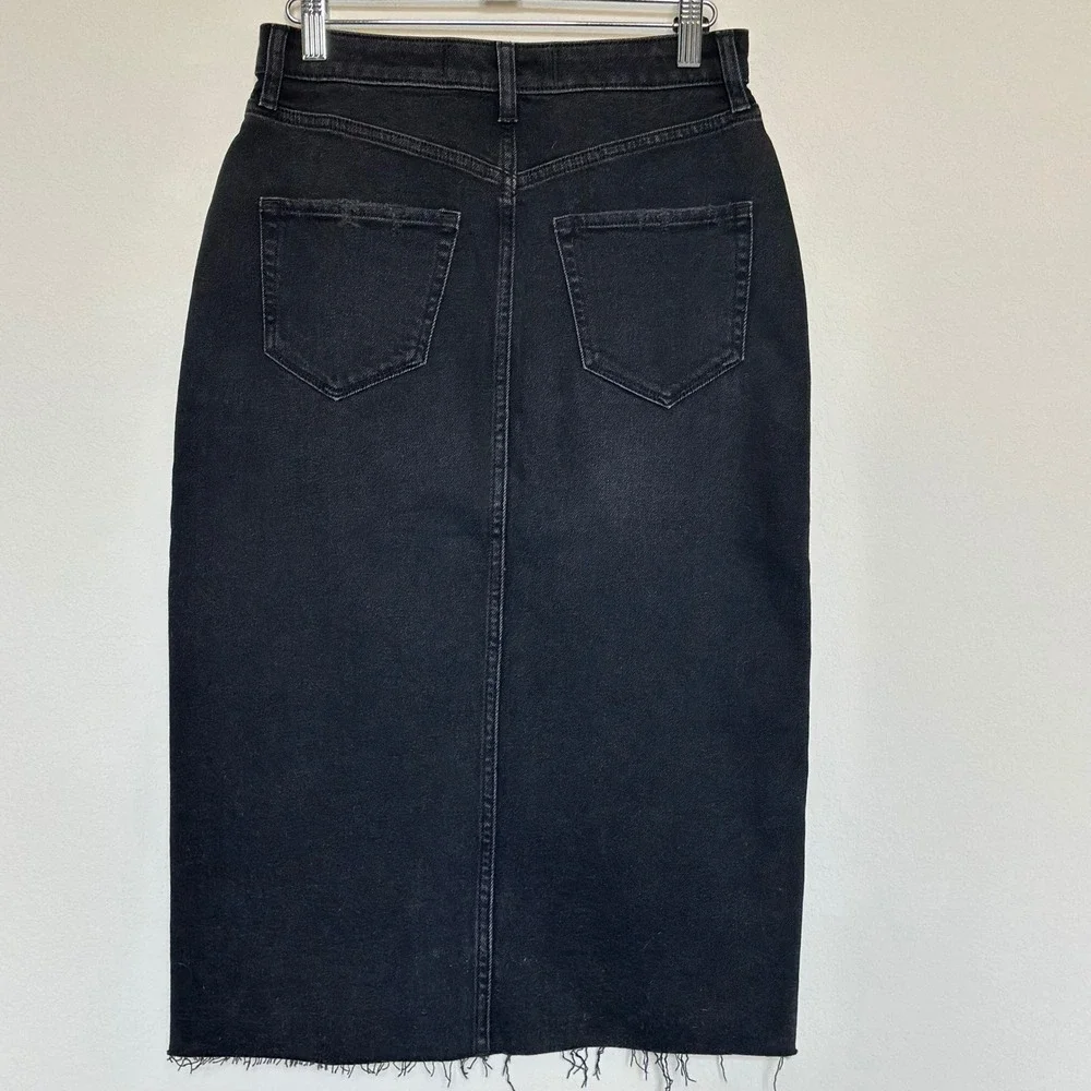 Hollister Ultra‎ High-Rise Black Denim Midi Skirt Front Slit Raw Hem Size 3 W26
